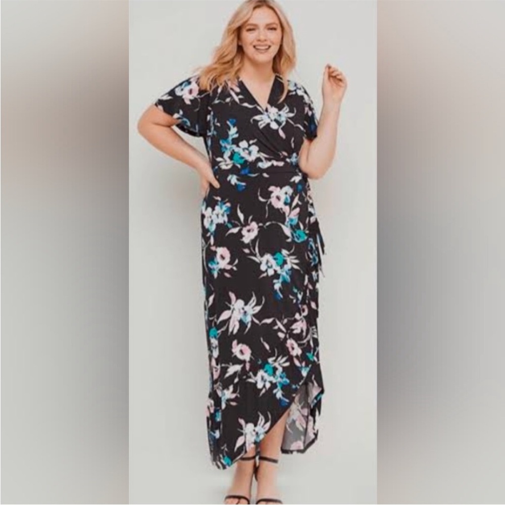 Lane Bryant Black Floral Wrap Tie Front Maxi Dress Size 18/20
